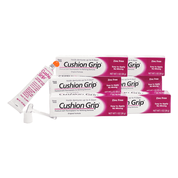 Cushion Grip Thermoplastic Denture Adhesive – Refits & Tightens Loose Dentures, Holds Up to 4 Days, Waterproof & Zinc-Free - 1 oz (Pack of 6)