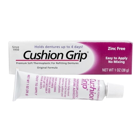 Cushion Grip Thermoplastic Denture Adhesive, 1 oz - Refits & Tightens Dentures, Comfortable Hold Up to 4 Days, Waterproof, Zinc-Free