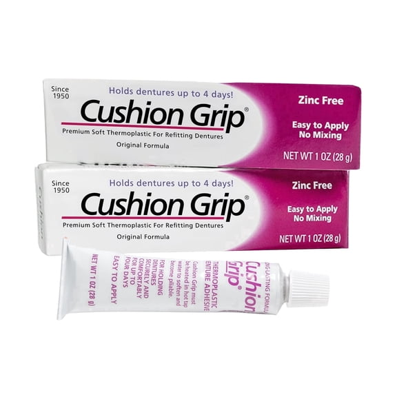 Cushion Grip Thermoplastic Denture Adhesive – Refits & Tightens Loose Dentures, Holds Up to 4 Days, Waterproof & Zinc-Free - 1 oz (Pack of 2)