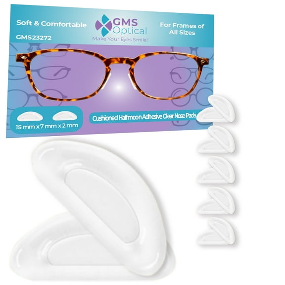 GMS Optical Air Cushion Contoured Adhesive Silicone Nose Pads for Glasses – 15mm Medium Length, 2.0mm Thickness, Anti-Slip Backing ( 5 Pair, Clear)