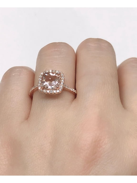 Cushion Morganite Ring, 7mm Cushion Cut Morganite Halo Diamond Engagement Ring, 925 Silver With Rose Gold Wedding Ring, Gifted Item for Love