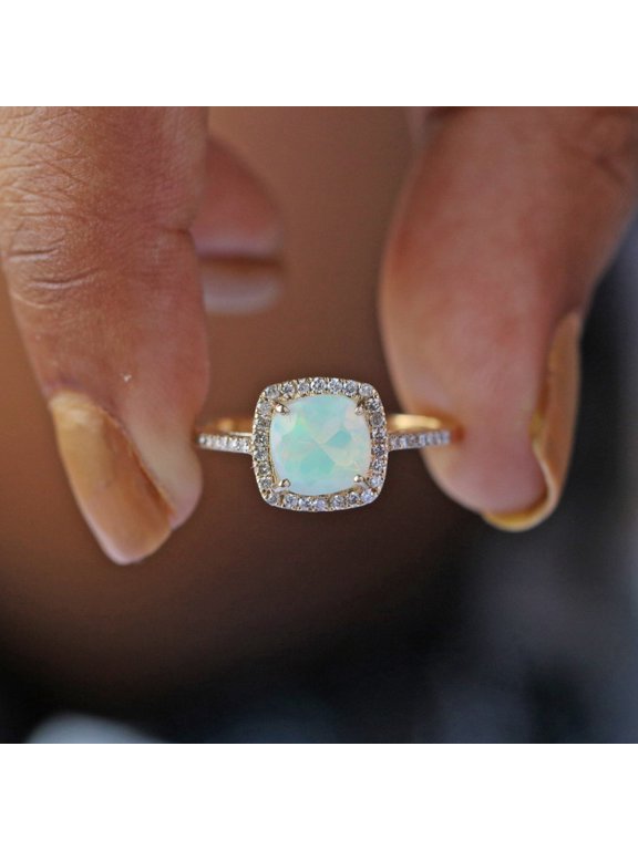 Cushion Opal & Cubic Zirconia Halo Ring, 925 Sterling Silver Half Eternity Ring. Handmade Fine Jewelry. Gift For Her.