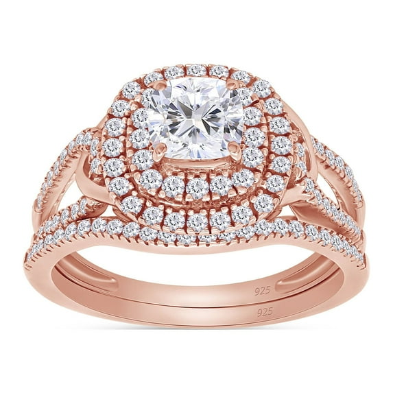 AFFY 1CT Moissanite Diamond Double Halo Split Shank Wedding Bridal Ring Set in 14K Rose Gold over Silver-9.5