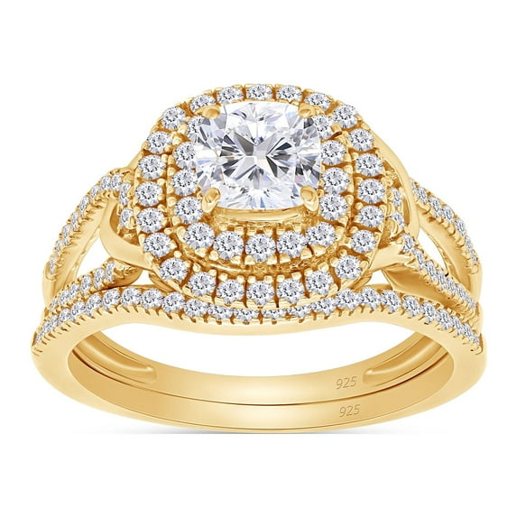 AFFY 1CT Moissanite Diamond Double Halo Split Shank Wedding Bridal Ring Set in 14K Yellow Gold over Silver-10