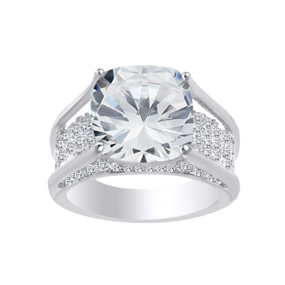 AFFY Cushion & Round Shape White Cubic Zirconia Engagement Ring In 14k White Gold Over Sterling Silver Ring Size-9.5