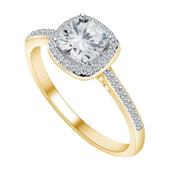 AFFY Cushion & Round Shape White Cubic Zirconia Halo Engagement Ring In 14k Yellow Gold Over Sterling Silver Ring Size-5.5