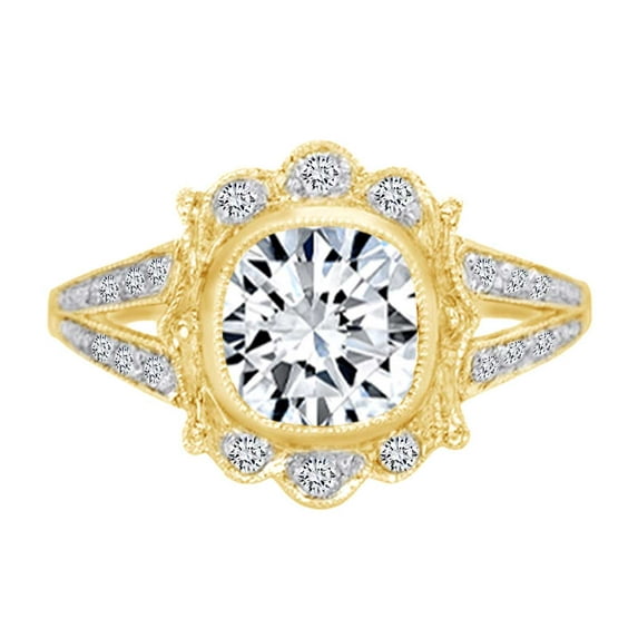 AFFY Cushion & Round Shape White Cubic Zirconia Solitaire Wedding Ring In 14k Solid Yellow Gold (1.69 cttw) Ring Size-5