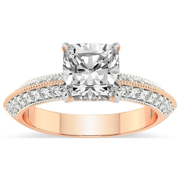 Cushion Shape 2 Carat IGI Certified Lab Grown Diamond Ring | 14K Rose Gold | Dua Side Stone Knife Edge Lab Diamond Ring | FG-VS1-VS2 Quality Friendly Diamonds