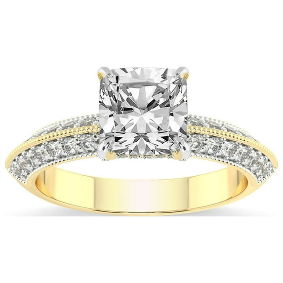 Cushion Shape 3 Carat IGI Certified Lab Grown Diamond Ring | 14K Yellow Gold | Dua Side Stone Knife Edge Lab Diamond Ring | FG-VS1-VS2 Quality Friendly Diamonds