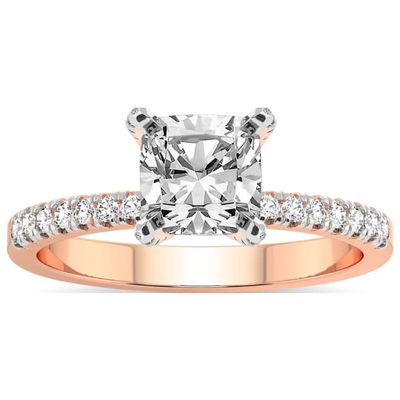 Cushion Shape 5 Carat IGI Certified Lab Grown Diamond Ring | 14K Rose Gold | Sara Tapered Eternity Lab Diamond Engagement Ring | FG-VS1-VS2 Quality Friendly Diamonds