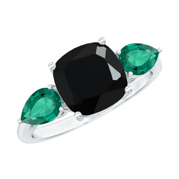 Rosec Jewels Cushion Shape Black Diamond and Emerald Ring, 3 Stone Ring with Lab Grown Gemstone, 10K White Gold, US 11.00