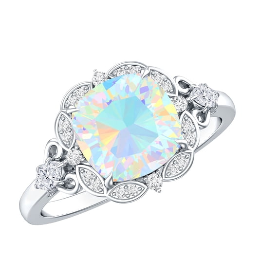 Rosec Jewels Cushion Shape Ethiopian Opal Cocktail Ring with Diamond - 8 mm - AAA Grade, 10K White Gold, US 4.50