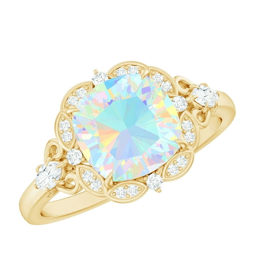 Rosec Jewels Cushion Shape Ethiopian Opal Cocktail Ring with Diamond - 8 mm - AAA Grade, 10K Yellow Gold, US 4.00