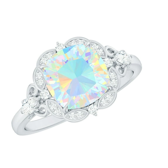 Rosec Jewels Cushion Shape Ethiopian Opal Cocktail Ring with Diamond - 8 mm - AAA Grade, 925 Sterling Silver, US 6.50