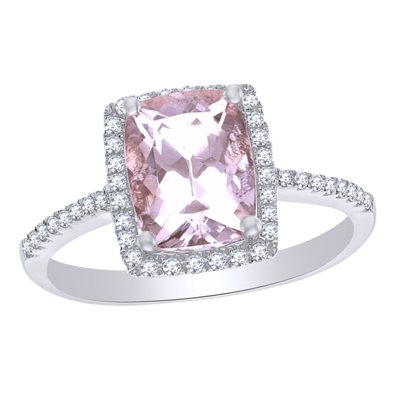 AFFY Cushion Shape Simulated Morganite & 0.16 Ct White Natural Diamond Solitaire Engagement Ring in 10k White Gold Ring Size - 11