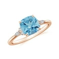 thumbnail image 1 of Cushion Shaped Blue Topaz Side Stone Engagement Ring with Moissanite in Sterling Silver/ Rose Gold Plated Trilogy Promise Wedding Band Ring December Birthstone Jewelry, Ring Size 7, 1 of 8