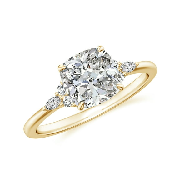 Cushion Shaped Diamond Side Stone Engagement Ring with Moissanite in Sterling Silver/ Yellow Gold Plated Trilogy Promise Wedding Band Ring April Birthstone Jewelry, Ring Size 5