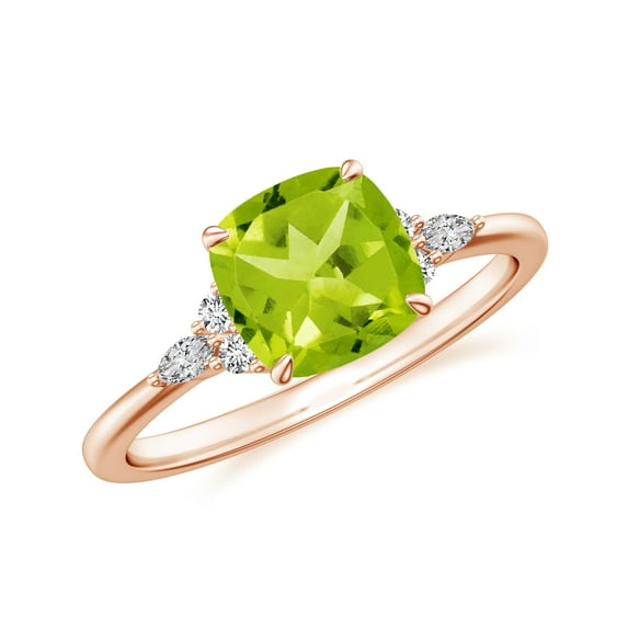 Cushion Shaped Peridot Side Stone Engagement Ring with Moissanite in Sterling Silver/ Rose Gold Plated Trilogy Promise Wedding Band Ring August Birthstone Jewelry, Ring Size 9