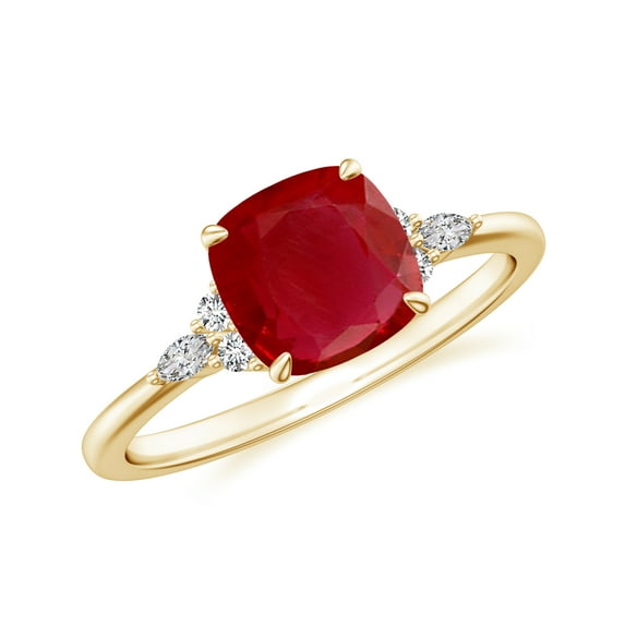 Cushion Shaped Ruby Side Stone Engagement Ring with Moissanite in Sterling Silver/ Yellow Gold Plated Trilogy Promise Wedding Band Ring July Birthstone Jewelry, Ring Size 10