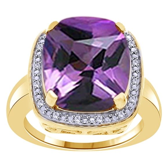 Cushion Shaped Simulated Amethyst & White Natural Diamond Cocktail Ring In 14k Yellow Gold Over Sterling Silver (9.2 Cttw)