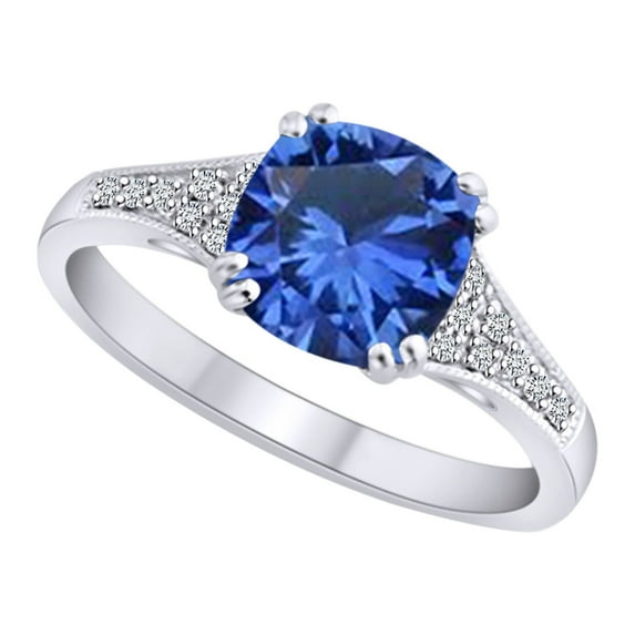 AFFY Cushion Simulated Blue Sapphire & White Natural Diamond Solitaire Engagement Ring In 10k Solid White Gold Ring Size-9