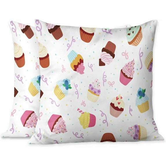 Cushion Throw Cover Cartoon Delicious Cupcakes Colorful Sweet Berries Chips Chocolate for Home Decor,Pillow Cases for Couch Bedroom Living for Women Men 18X18 Inch Pack of 2