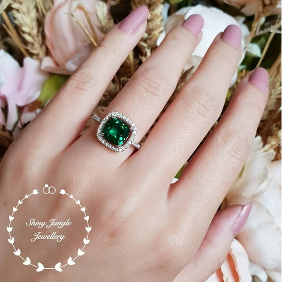 Cushion cut halo emerald ring, emerald engagement ring, cluster ring,