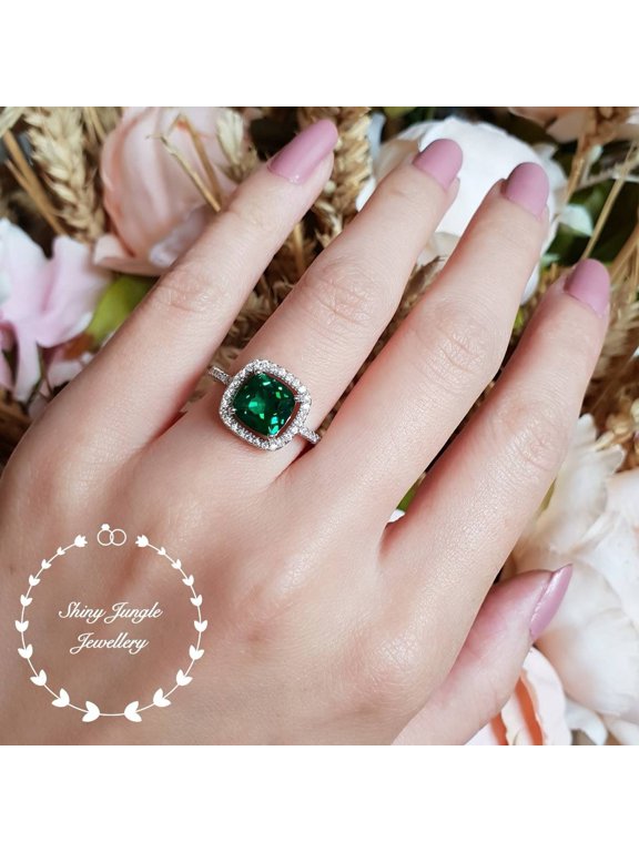 Cushion cut halo emerald ring, emerald engagement ring, cluster ring,