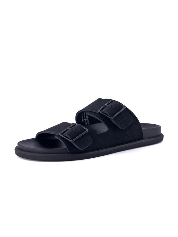 Alpha 100% Genuine Leather Mens Sandals, Casual Slip On Flat Men Slides with Adjustable Buckles