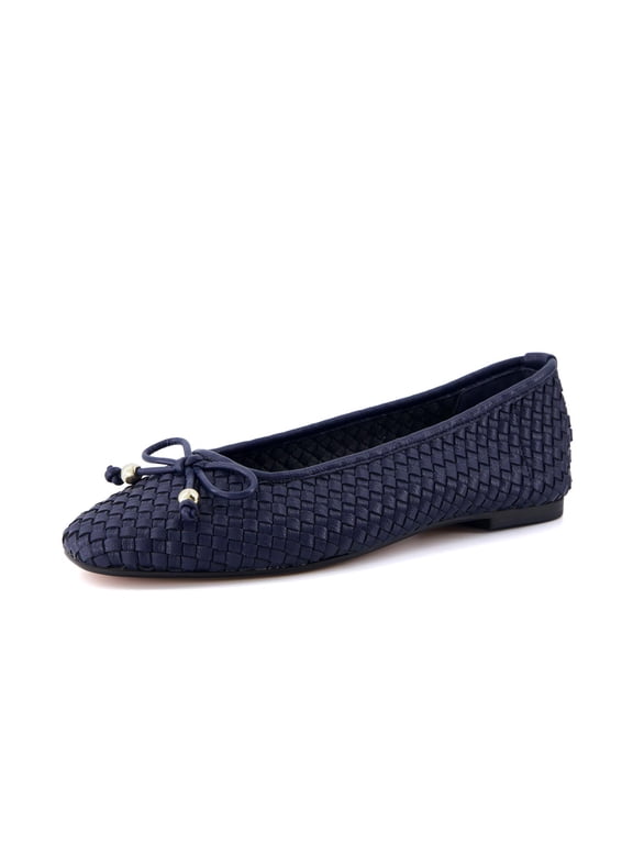 Audrey Woven Ballet Flats for Women | Round Closed Toe Dress Shoes, Bow Accent, Vegan Leather Upper, Comfortable Cushioned Footbed, Office Work Flat