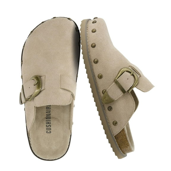 Cushionaire Bronco Suede Slip On Studded Women's Clogs – Genuine Suede Leather Clogs with Adjustable Buckle and Studded Detailing, Stylish Fall Shoes for Women