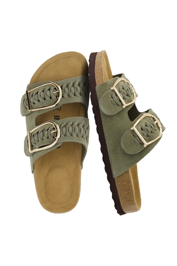 Cashew Slip On Genuine Suede Leather Womens Sandals - Braided Double-Strap Design with Adjustable Big Buckle | Sandals for Women