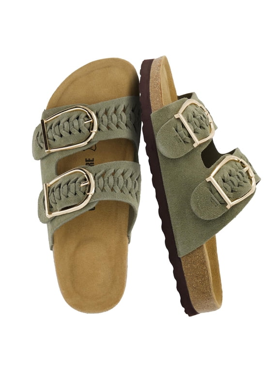Cashew Slip On Genuine Suede Leather Womens Sandals - Braided Double-Strap Design with Adjustable Big Buckle | Sandals for Women