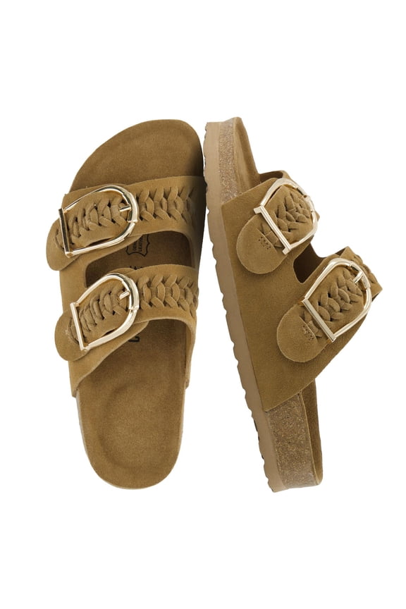 Cashew Slip On Genuine Suede Leather Womens Sandals - Braided Double-Strap Design with Adjustable Big Buckle | Sandals for Women