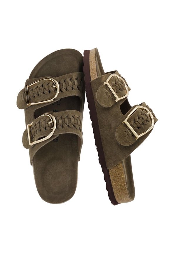 Cashew Slip On Genuine Suede Leather Womens Sandals - Braided Double-Strap Design with Adjustable Big Buckle | Sandals for Women