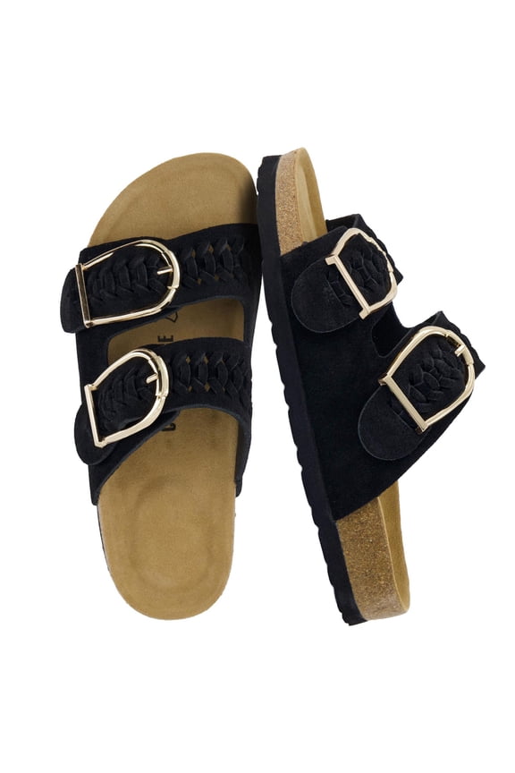 Cashew Slip On Genuine Suede Leather Womens Sandals - Braided Double-Strap Design with Adjustable Big Buckle | Sandals for Women