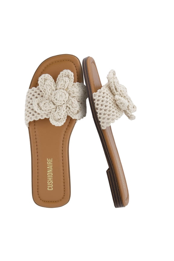 Gemma Knit Flat Slides for Women, Square Toe Sandals with Woven Flower Detail and Memory Foam