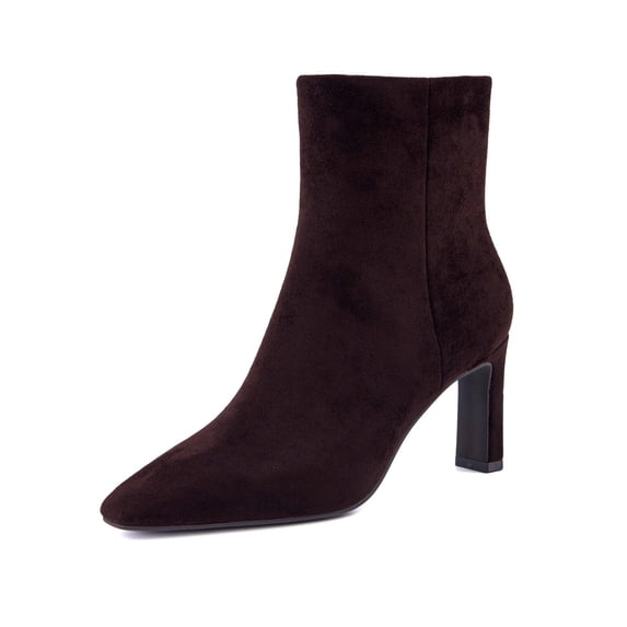 Cushionaire Giana Womens High Heel Ankle Boots, Square Toe Vegan Suede Mid Block Heel Dress Booties for Office