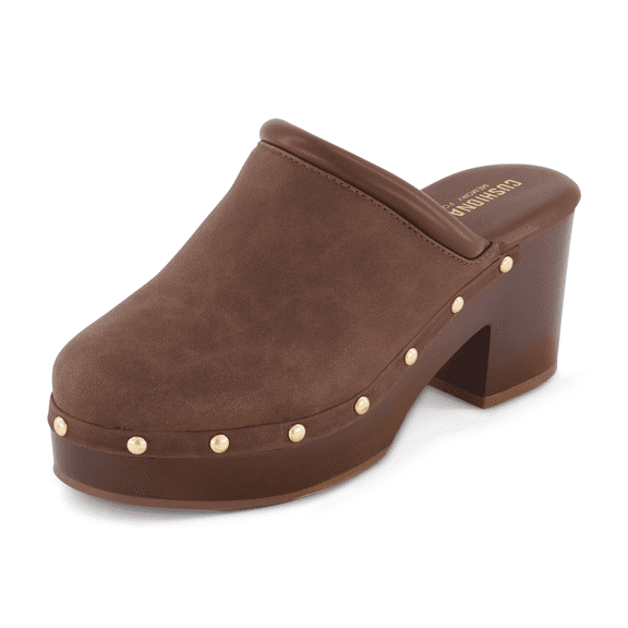 Cushionaire Guest Platform Clogs for Women, Heeled Faux Wood Mules with Studded Detailing and Memory Foam Footbed