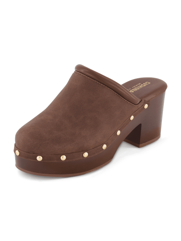 Guest Platform Clogs for Women, Heeled Faux Wood Mules with Studded Detailing and Memory Foam Footbed