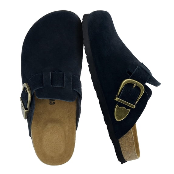 Cushionaire Hamlet Genuine Leather Suede Clogs for Women, Slip On Shoes with Detailed Metal Buckle Strap and Memory Foam Footbed