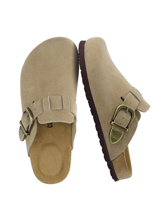 Hamlet Genuine Leather Suede Clogs for Women, Slip On Shoes with Detailed Metal Buckle Strap and Memory Foam Footbed