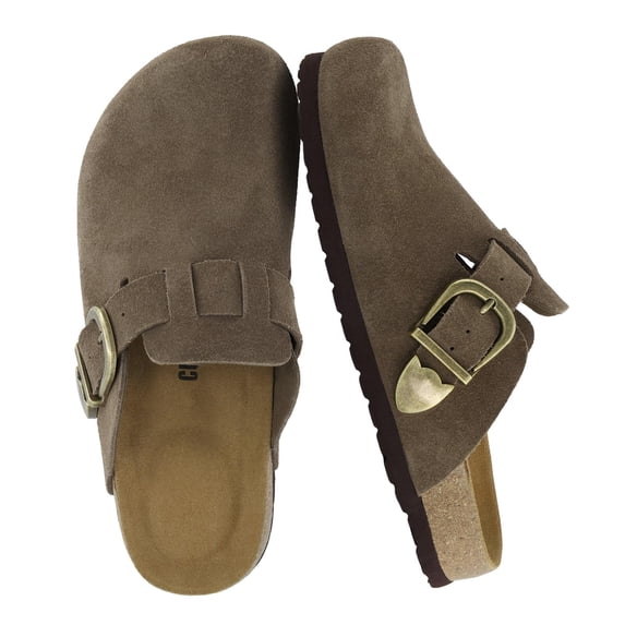 Cushionaire Hamlet Genuine Leather Suede Clogs for Women, Slip On Shoes with Detailed Metal Buckle Strap and Memory Foam Footbed
