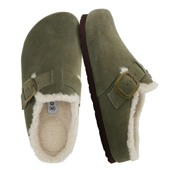 Cushionaire Haven Genuine Leather Clogs for Women – Faux Fur Lined Slip-On Womens Shoes with Cork Footbed and Adjustable Buckle