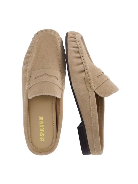 Heritage Genuine Leather Suede Loafer Mules for Women | 100% Genuine Suede Upper, Cushioned Footbed, Backless Flat Mule with Moc-Toe Stitching Detail, Casual Penny Loafer Slides