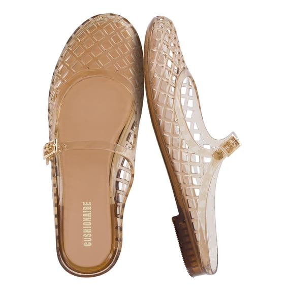 Cushionaire Java Casual Womens Jelly Flats with Adjustable Strap, Closed Toe Mary Janes Mule Design, Waterproof Jelly Sandals for Women