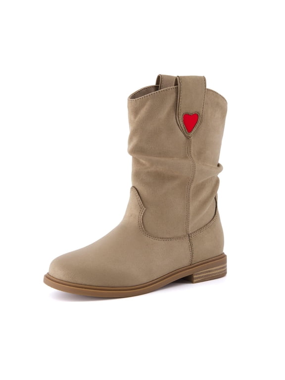 Jayla Slouch Boots for Girls, Kids Mid Calf Pull On Boot | Kids Boots for Girls, Fall and Winter, Mid Calf Slouch Shaft, Round Toe, Cushioned Footbed, Heart Pull Tabs, Low Stacked Heel