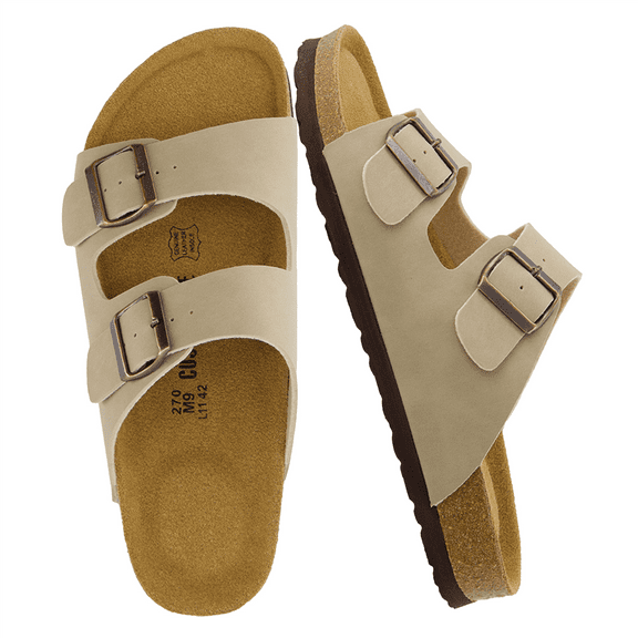 Cushionaire Lane Cork Footbed Mens Sandals, Adjustable Buckle Comfort Slides for Men, Genuine Leather Insole Summer Sandals Men Footwear with Supportive EVA Sole