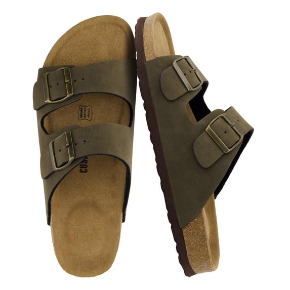 Cushionaire Lane Cork Footbed Mens Sandals, Adjustable Buckle Comfort Slides for Men, Genuine Leather Insole Summer Sandals Men Footwear