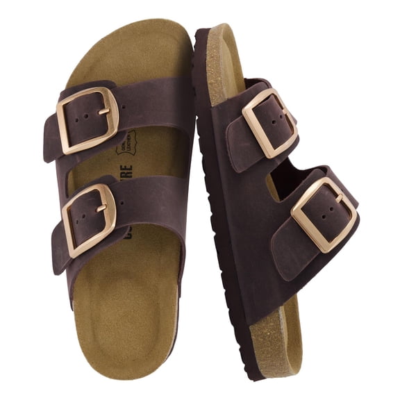 Cushionaire Laz Genuine Suede Cork Footbed Slide Sandals for Women with Adjustable Buckles and Memory Foam